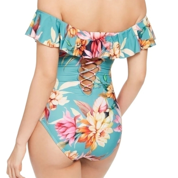 La Blanca Women's Swimwear Size 4 One Piece Ruffle Floral-Print Blue - Picture 2 of 8